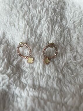 Rose Gold Crystal Hoop Earrings with Cream Clover Charm - Women Jewelry